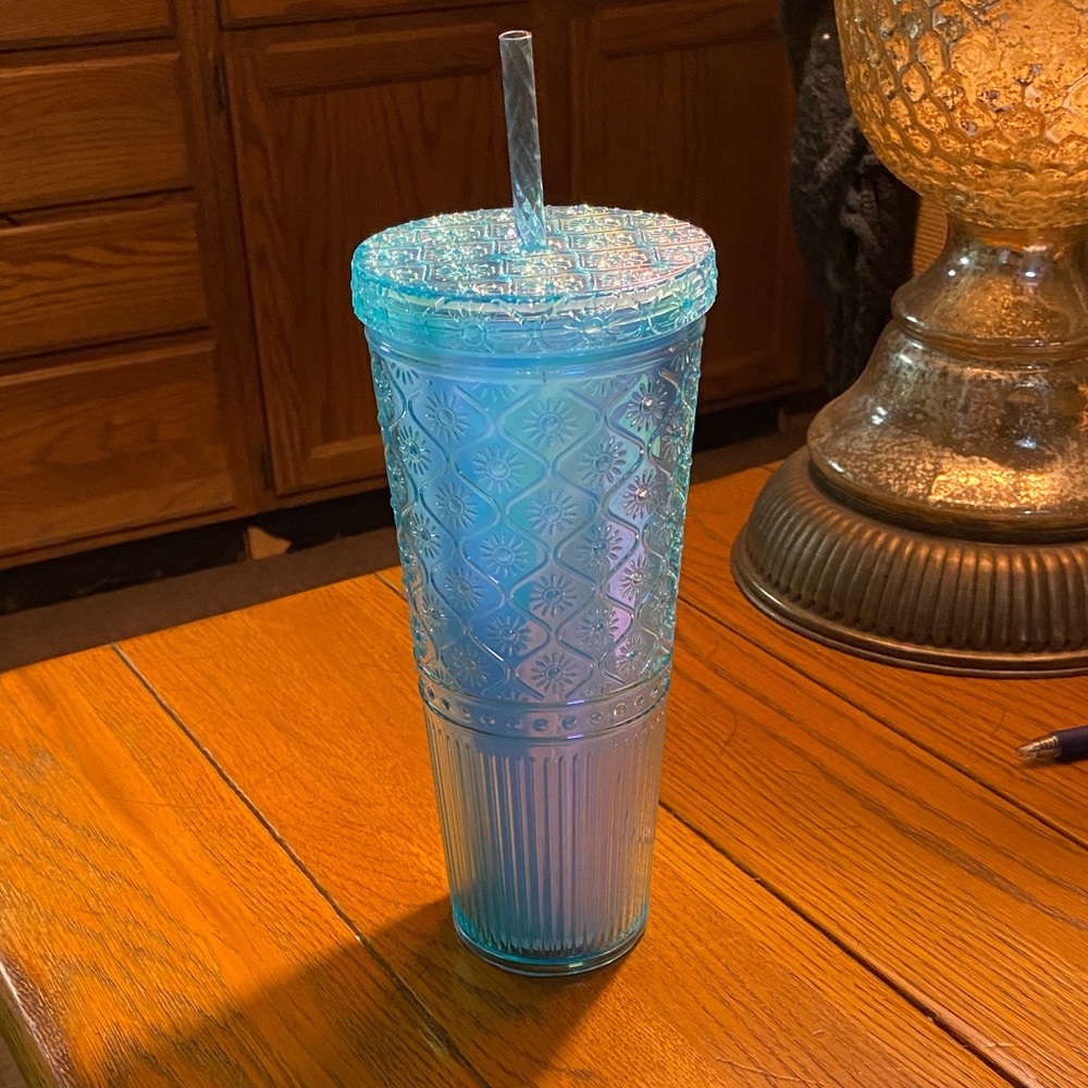 Blue Sparkly Textured Tumbler with Straw